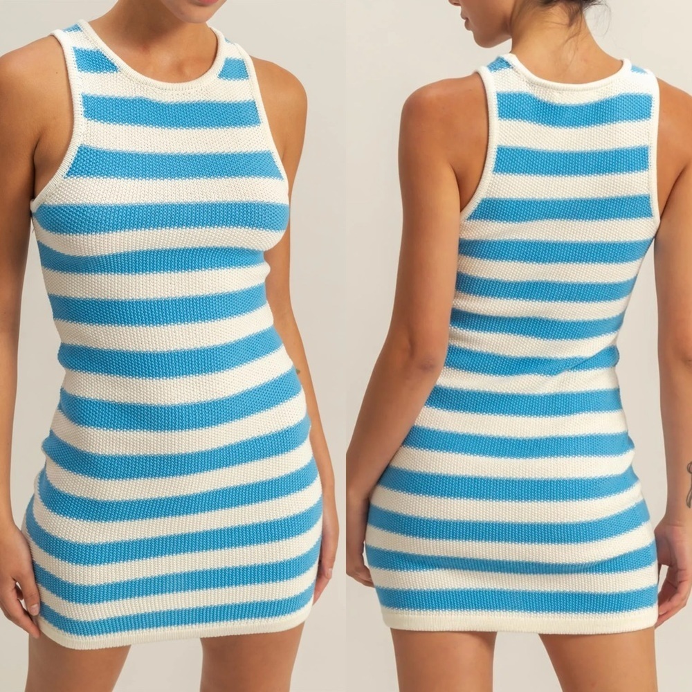 NEW HYFVE Blue & Cream Striped Sleeveless Bodycon Mini Dress Size Large